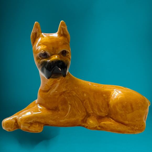 Vintage Boxer Dog Clay Figurine Lying Down Puppy Cute Grannycore Cottage 4 inch - Picture 1 of 7
